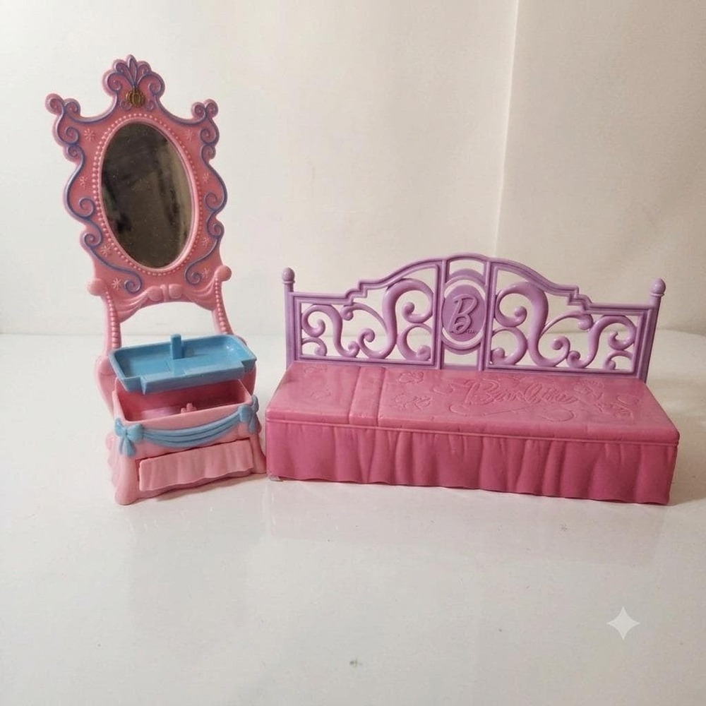 Barbie Doll Furniture Lot Pink Daybed Bed and Vanity Mirror Jewelry Box Mattel
